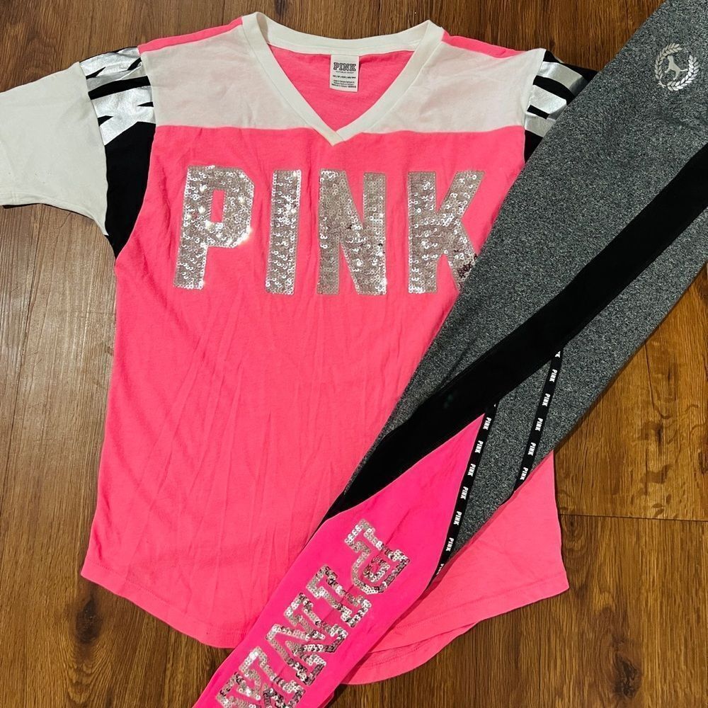 VS PINK NEON COLORBLOCK TSHIRT/ BLING LEGGINGS OUTFIT S